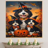 Halloween Witch Hat Bernedoodle Dog Wall Art with Pumpkins Fall Farmhouse Canvas Decor for Pet Lovers on Ready to Hang 1.5" Thick Canvas Wrap, Floating Framed Canvas, Flat Rolled Canvas